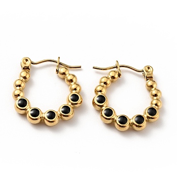 Ion Plating(IP) 304 Stainless Steel Round Beads Wrap Hoop Earrings with Enamel for Women, Golden, Black, 18x17x3mm, Pin: 0.8mm