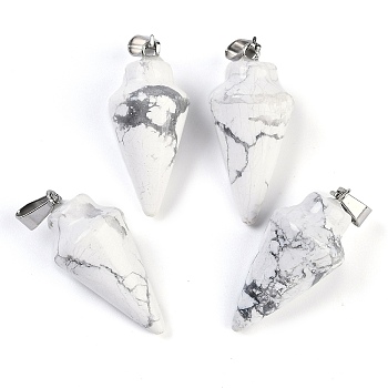 Natural Howlite Gemstone Pointed Pendants, Bullet Shaped Charms with Platinum Metal Snap on Bails, 34x15mm, Hole: 7x3.5mm