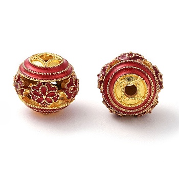 Alloy Enamel Beads, Round with Flower, Golden, Red, 12x11mm, Hole: 2mm