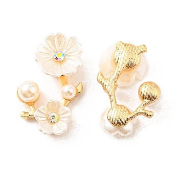 Zinc Alloy Cabochons, with Plastic Imitation Pearls and Rhinestones, Plum Blossom Branch, White, 23.5x15x6mm