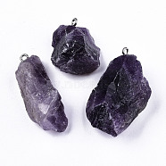 Natural Amethyst Pendants, Rough Raw Stone, with 304 Stainless Steel Loops, Nuggets, Stainless Steel Color, 26~45x23~36x7~14mm, Hole: 2mm(G-N332-022-06)