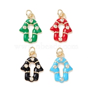 Rack Plating Brass Clear Cubic Zirconia Pendants, with Enamel, Long-Lasting Plated, Cadmium Free & Lead Free, Real 18K Gold Plated, Hamsa Hand/Hand of Miriam, Mixed Color, 18.5x13.5x2.5mm, Hole: 3.6mm(KK-B050-02G)