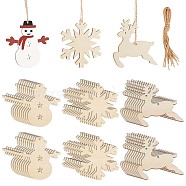 3 Sets 3 Styles Christmas Theme Unfinished Wood Pendants, with Jute Cord, Snowflake & Reindeer & Snowman, BurlyWood, Pendant: 79~80x72~79x2.5~3mm, Hole: 3mm, 10pcs/set, 1 set/style(WOOD-GF0001-85)