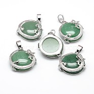 Flat Round with Dragon Platinum Plated Brass Natural Green Aventurine Pendants, Cadmium Free & Lead Free, 26.5x24x9mm, Hole: 7x4mm(G-F228-24C-RS)
