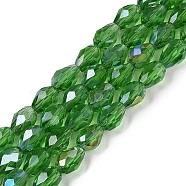 Transparent Electroplate Glass Beads Strands, AB Color Plated, Faceted, Teardrop, Green, 11.5x8mm, Hole: 1.2mm, about 55~57pcs/strand, 25.59''(65cm)(EGLA-N013-T8mm-B14)