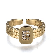 Brass Micro Pave Clear Cubic Zirconia Cuff Rings, Open Rings, Cadmium Free & Lead Free, Rectangle, Golden, Letter.E, US Size 6 1/4, Inner Diameter: 16.8mm(RJEW-H538-02G-E)