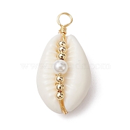 Natural Cowrie Shell Copper Wire Wrapped Pendants, Shell Charms with Natural Cultured Freshwater Pearl Beads, Golden, Old Lace, 27x14x10.5mm, Hole: 3mm(PALLOY-JF02277-03)