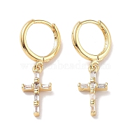 Real 18K Gold Plated Brass Dangle Hoop Earrings, with Glass, Cross, Clear, 30x9mm(EJEW-L269-035G-01)