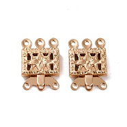 Brass Box Clasps, 3 Strands, 6 Holes, Square with Flower, Light Gold, 15x10x3mm, Hole: 1mm(KK-XCP0001-75KCG)