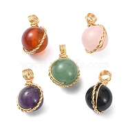 Natural Mixed Stone Copper Wire Wrapped Pendants, Round Charms, 23x14.5x12mm, Hole: 4.2mm(PALLOY-JF02181-02)