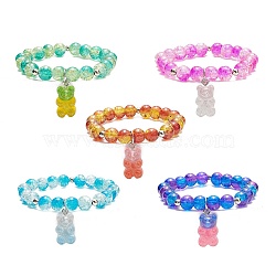 Bling Galss Round Beaded Stretch Bracelet, Resin Bear Charms Adjustable Bracelet for Kids, Mixed Color, Inner Diameter: 1-5/8 inch(4cm)(BJEW-JB09241)