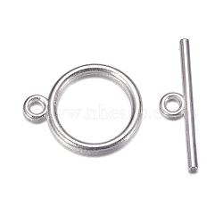 Tibetan Style Toggle Clasps, Flat Round, Cadmium Free & Nickel Free & Lead Free, Silver Color Plated, Flat Round: 15x2mm, Hole: 2mm, Bar: 21mm, Hole: 2mm(TIBE-A12208-S-NR)