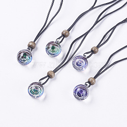 Handmade Lampwork Pendant Necklaces, with Wood Beads and Waxed Leather Cord, Starry Sky Theme, Mixed Color, 27.5~28.7inches(70~73cm)(NJEW-F251-01)
