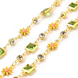 Glass Square & Enamel Flower Link Chains, with Real 18K Gold Plated Brass Findings, Soldered, with Spools, Colorful, 13x7.5x2.5mm, 11.5x6.5x3.5mm(CHC-C003-07G)