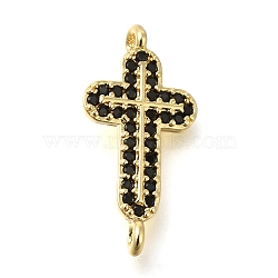 Brass Pave Black Cubic Zirconia Connector Charms, Religion Cross Links, Real 16K Gold Plated, 20x10x3.5mm, Hole: 1.2mm(KK-M101-02C-G01)