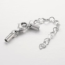 Tarnish Resistant 304 Stainless Steel Chain Extender, with Lobster Claw Clasps, Cord Ends and Heart Link Chain, Stainless Steel Color, 67mm, Hole: 2mm(FIND-JF00070-01)