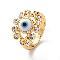 Lampwork Evil Eye Open Cuff Ring with Clear Cubic Zirconia, Real 18K Gold Plated Brass Jewelry for Women, White, Inner Diameter: 18mm(RJEW-L104-03G-02)