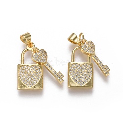 Brass Micro Pave Cubic Zirconia Pendants, Heart Lock with Heart Key, Clear, Real 18K Gold Plated, Lock: 21.5x11x2.5mm, Key: 19.5x6.5x3mm, Hole: 3x4.5mm(ZIRC-F115-20G)