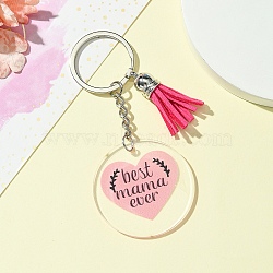 Acrylic Keychain, with Medium Violet Red Tassel, Flat Round, Heart, 10cm(KEYC-YW00085-04)