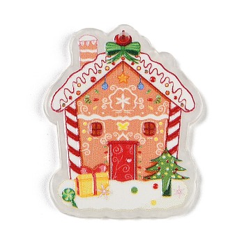 Christmas Theme Opaque Printed Acrylic Pendants, House, 43x32x2.5mm, Hole: 2mm