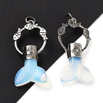 Opalite Whale Tail Big Pendants, Rack Plating Antique Silver Plated Alloy Fish Ring Charms, Cadmium Free & Lead Free, 56~57x29x12.5~13mm, Hole: 6.5x6mm