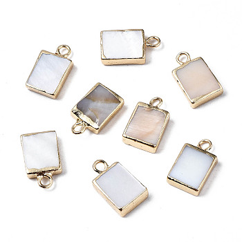 Natural Freshwater Shell Charms, with Golden Plated Iron Loops and Brass Edge, Rectangle, 14x8x3mm, Hole: 1.8mm