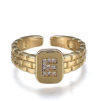 Brass Micro Pave Clear Cubic Zirconia Cuff Rings, Open Rings, Cadmium Free & Lead Free, Rectangle, Golden, Letter.E, US Size 6 1/4, Inner Diameter: 16.8mm