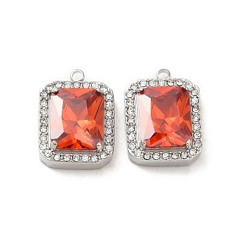 304 Stainless Steel Pendants, with Glass Rhinestone, Rectangle Charms, Orange Red, 16x11.5x4.5mm, Hole: 1.4mm
