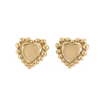 Ion Plating(IP) 304 Stainless Steel Stud Earring Findings, Earring Setting for Enamel, with Ear Nuts, Heart, Real 14K Gold Plated, 18x19.5mm, Pin: 0.7mm, Tray: 9x9mm
