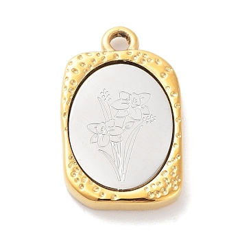304 Stainless Steel Pendants, Rectangle with Twelve Zodiac Flower Charm, Golden & Stainless Steel Color, March Daffodil, 23x14.5x3mm, Hole: 2mm