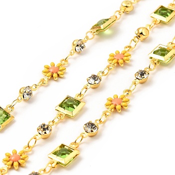 Glass Square & Enamel Flower Link Chains, with Real 18K Gold Plated Brass Findings, Soldered, with Spools, Colorful, 13x7.5x2.5mm, 11.5x6.5x3.5mm