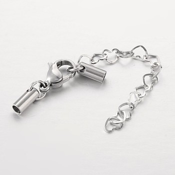 304 Stainless Steel Chain Extender, with Lobster Claw Clasps, Cord Ends and Heart Link Chain, Stainless Steel Color, 67mm, Hole: 2mm