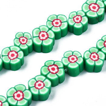 Handmade Polymer Clay Bead Strands, Flower, Sea Green, 6.5~10x7~10.5x4~5mm, Hole: 1.6mm, about 40pcs/strand, 11.61 inch~13.19 inch(29.5~33.5cm)