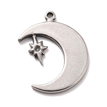 304 Stainless Steel Pendants   Rhinestone Settings, Moon with Star, Stainless Steel Color, 18x15x1mm, Hole: 1mm