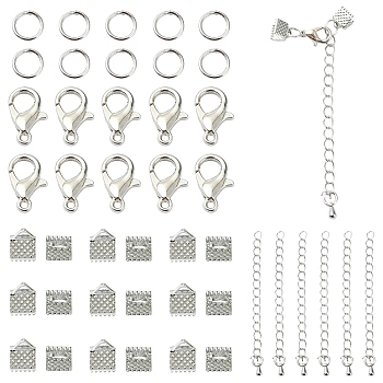 50 Pieces DIY Ribbon Ends Making Kits, Including Iron Ribbon Crimp Ends & Unsoldered Jump Rings, Zinc Alloy Lobster Claw Clasps, Brass Chain Extenders, Platinum, 6x7mm