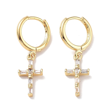 Real 18K Gold Plated Brass Dangle Hoop Earrings, with Glass, Cross, Clear, 30x9mm