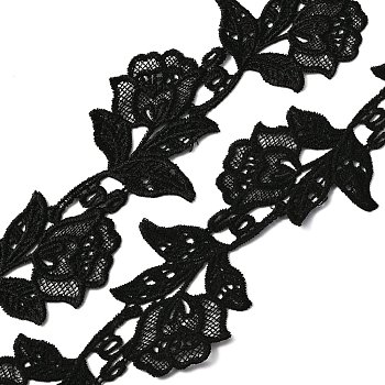 Polyester Lace Trim, for Sewing Craft, Flower, Black, 3-1/4 inch(82mm)