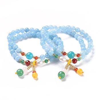 Two Loops Stretch Wrap Bracelets, with Natural Jade, Dyed, with Beeswax & Carnelian, Acrylic Beads, Sky Blue, 13.7 inch(35cm)