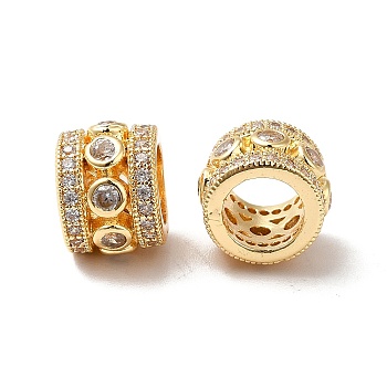 Brass Cubic Zirconia Large Hole Beads, Real 18K Gold Plated, Column, Clear, 11x8.5mm, Hole: 7mm