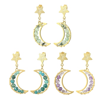 3 Pair 3 Style Natural Mixed Gemsotne Beaded Moon & Star Dangle Stud Earrings, Golden Brass Drop Earrings, 40.5x18mm, 1 pair/style