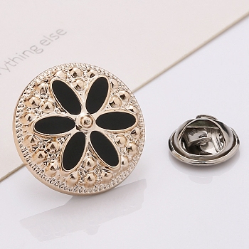 Plastic Brooch, Alloy Pin, with Enamel, for Garment Accessories, Round with Flower, Black, 21mm