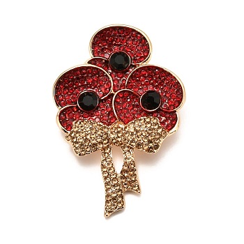 Alloy Brooches, with Rhinestone and Enamel, Remembrance Poppy Flower Badge, Light Gold, 52.5x35.5x8.5mm