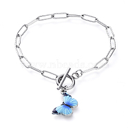 Charm Bracelets, with Printed Alloy Enamel Pendants, 304 Stainless Steel Paperclip Chains and Toggle Clasps, Butterfly, Stainless Steel Color, 8 inch(20.2cm)(BJEW-JB05129)