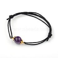 Gemstone Adjustable Link Bracelets, with Alloy Bead Caps and Waxed Cotton Cord, Antique Golden, Amethyst, 43~75mm(X-BJEW-JB01554-05)