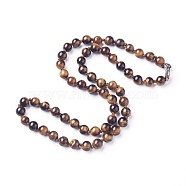 Natural Tiger Eye Beaded Necklaces, with Stainless Steel Clasps, 17.91 inch~18.5 inch(45.5cm~47cm), beads: 6~6.5mm(NJEW-I107-02)