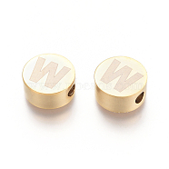 304 Stainless Steel Beads, Flat Round with Letter, Letter.W, 10x4.5mm, Hole: 2mm(STAS-I126-02G-W)