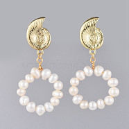 Dangle Stud Earrings, with Natural Pearl Beads, Brass Findings and Plastic Ear Nuts, Snail, Golden, 57mm, Pin: 0.7mm(EJEW-JE03697-04)