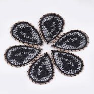 Polyester Woven Big Pendant Decorations, with Iron Findings, Teardrop with Flower, Light Gold, Black, 53~54.5x37.5x2mm(WOVE-T008-04D)