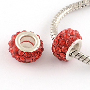 Polymer Clay Rhinestone European Large Hole Beads with Silver Color Plated Brass Cores, Rondelle, Hyacinth, 11~12x7~7.5mm, Hole: 5mm(FPDL-R002-06)