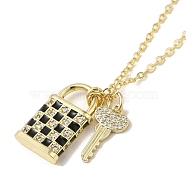 Brass Micro Pave Cubic Zirconia Pendant Necklace, with Enamel, Lock and Key, Real 18K Gold Plated, Black, 18.23 inch(463mm)(NJEW-B082-04G-01)